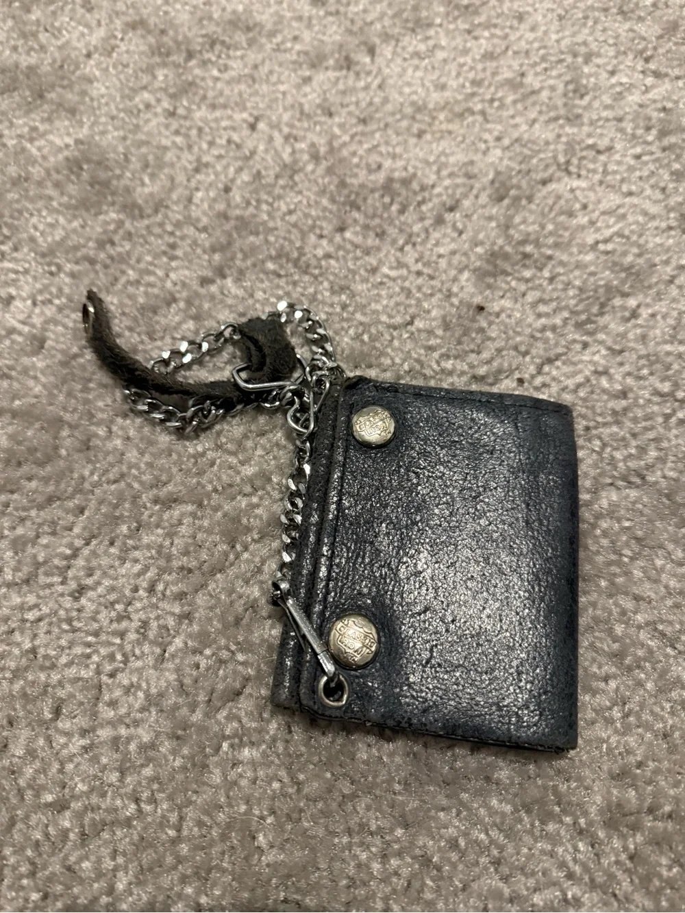 Black Leather Chain Bifold Wallet with Silver Hardware